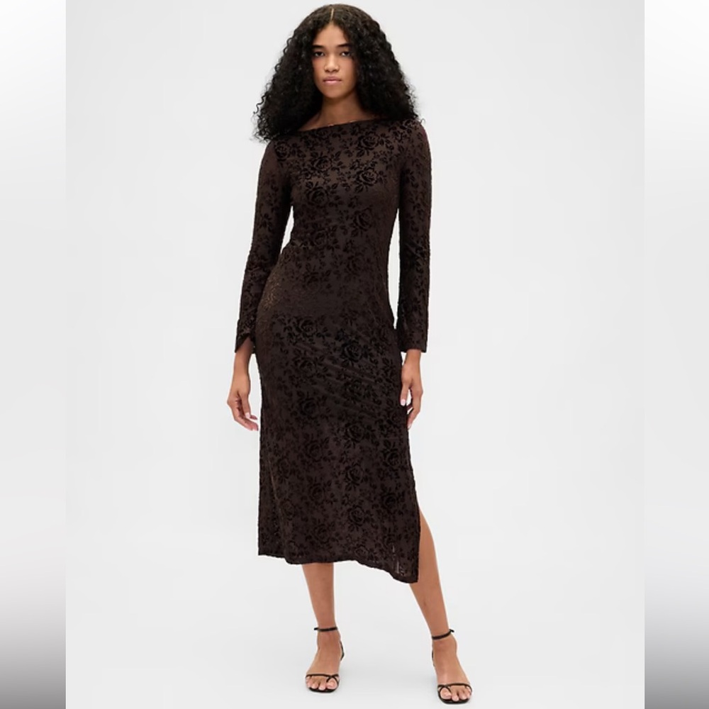 Burnout Velvet Bell Sleeve Midi Dress Brown Floral Long Sleeve GAP Petite Large